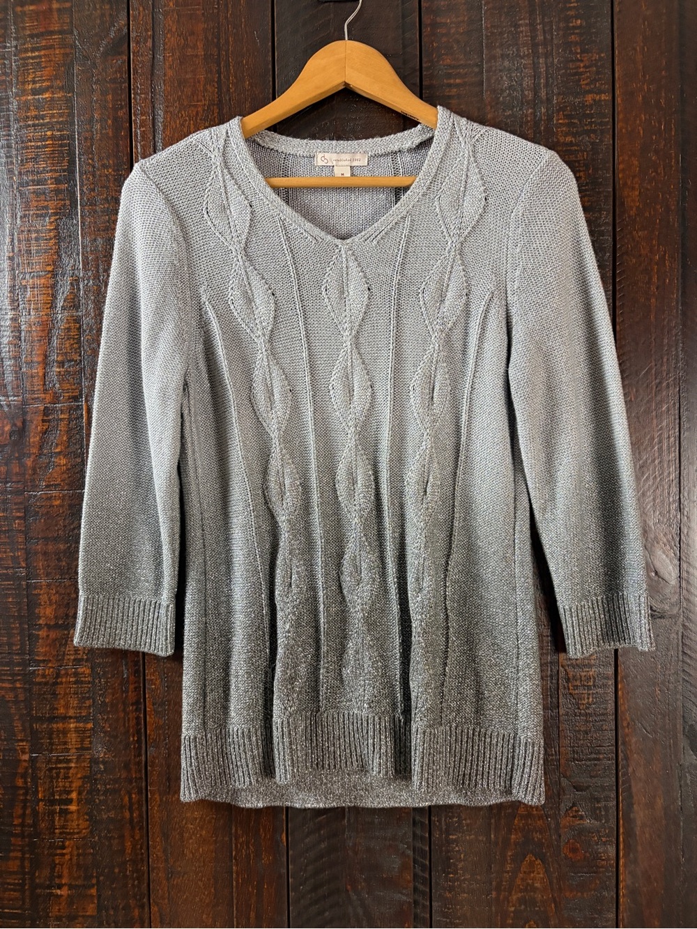 DB 1962 Cable Knit V-Neck Gray Metallic Dip Dye Sweater Medium